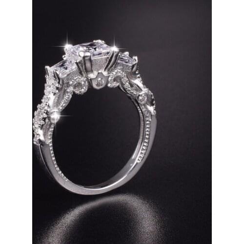 Fashion 925 sterling silver ring Classic Square Three-stone Simulated Diamond Wedding Ring for Women jewelry Size 5/6/7/8/9/10