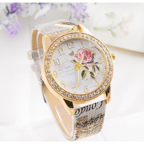 Fashion Ladies Watches Women Printed Flower Watch Luxury Casual Quartz Leather Wrist Watch Fashion Female Dress Clocks Relogio