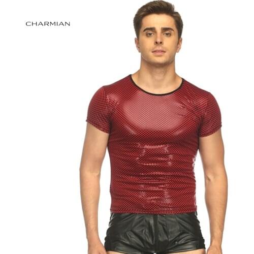 Charmian Mens Sexy Black Short Sleeve Tight T shirt Top Red Plaid Tees Singlet Casual Exotic Club Wear Clothes Summer T-shirt