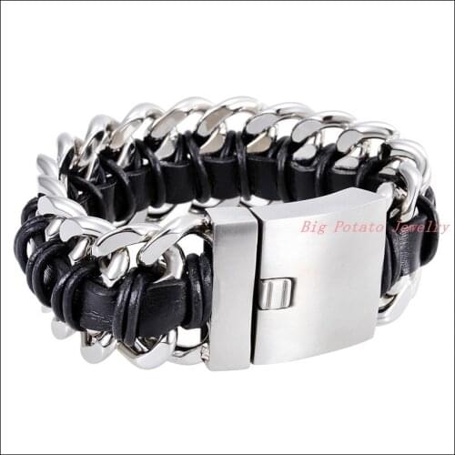 8.46"*30mm 175g 316L Stainless Steel Silver Color Curb Chain Mens Bracelet Bangle Black Genuine Leather Braided Jewelry