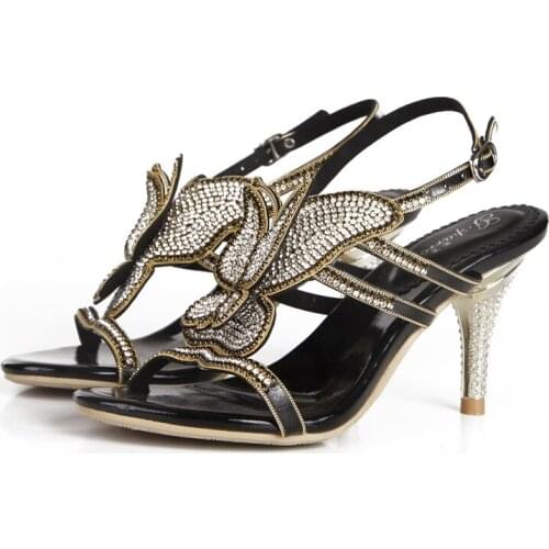 2019 New Shiny Black Fashion Wild Bohemian Style Sandals Retro Style High Heels Butterfly Pattern Rhinestones Open Toe shoes