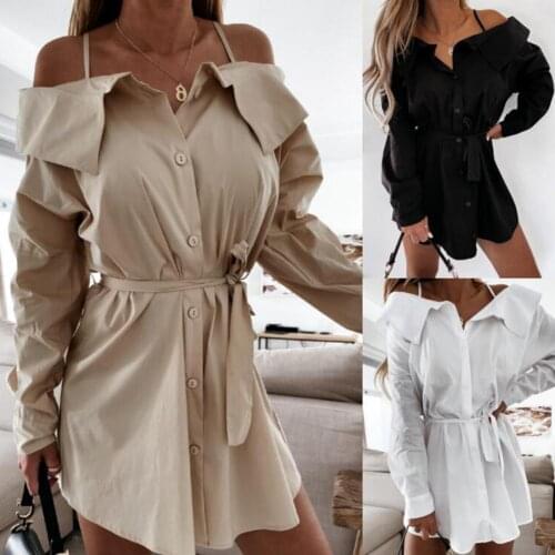 Shirt Dress Solid Color Off Shoulder Spaghetti Strap Long Sleeve Lace-up Single-breasted Women Dress for Vacation