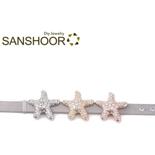 SANSHOOR 2.8cm Large Full Crystal Starfish Slide Charms Fit 10mm Leather Wrap Keeper Bracelet Collection For Women Gifts 6Pcs