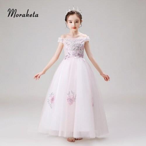 Pink Long Flower Girl Dresses For Wedding Elegant Boat Neck Off The Shoulder Appliques Floor-length Tulle Evning Dresses For Kid