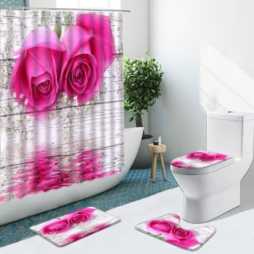 Pink Rose Wooden Board Shower Curtain Non-Slip Rugs Bath Mat Toilet Cover Flower Green Leaves Bathroom Home Decor Set Washable