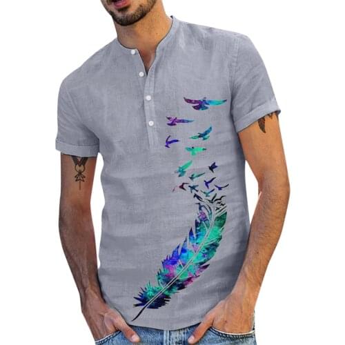 JAYCOSIN Mens Casual Feather Print Shirt Stand Collar Button Cotton Linen Blouse Short Sleeve Tee Shirt Autumn Handsome Shirts