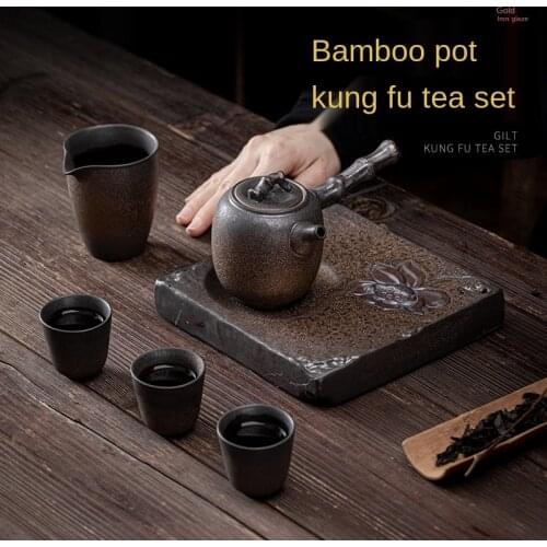 Japanese Gilding Iron Glaze Tea Set Complete Set Porcelain Kung Fu Tea Set Bamboo Joint Side Handle Pot Dry Pour Small Set