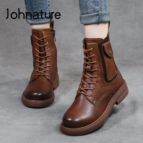Johnature Ankle Women Boots Genuine Leather Winter Shoes Warm Zip Round Toe Handmade Lace-Up Concise Leisure Platform Boots