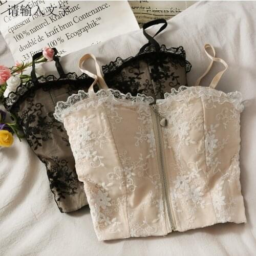 2021 Summer Women Floral Lace Camis Slim Zipper Mesh Spaghetti Strap Tank Female Sexy Backless Sleeveless Vest Short Tops AB2061