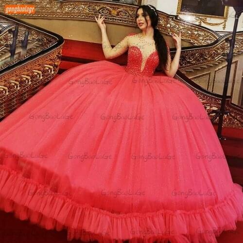 Elegant Red Wedding Dress O Neck Crystal 2021 Vestido De Novia Long Sleeves Beading Bridal Dresses For Women Ball Gown Trouwjurk