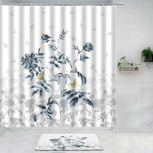 3D Plant Flowers Bathroom Curtain Shower Curtain Set Bath Mats Rugs Garden Landscape Curtains For Kitchen Room Decor Wall Hooks