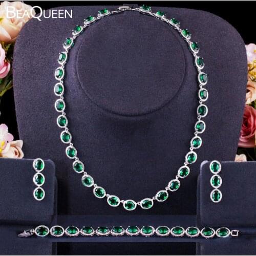 BeaQueen Exclusive Costume Jewellery Luxury Green Cubic Zirconia Necklace Earring Bracelets Party Jewelry Set for Women JS273