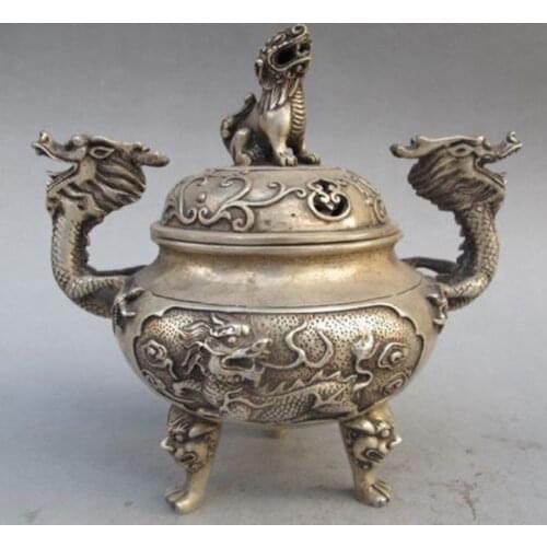 Big 15cm Silver Bronze Dragon Incense Burner & Lion Lid w Ming Dynasty Xuan De Mark