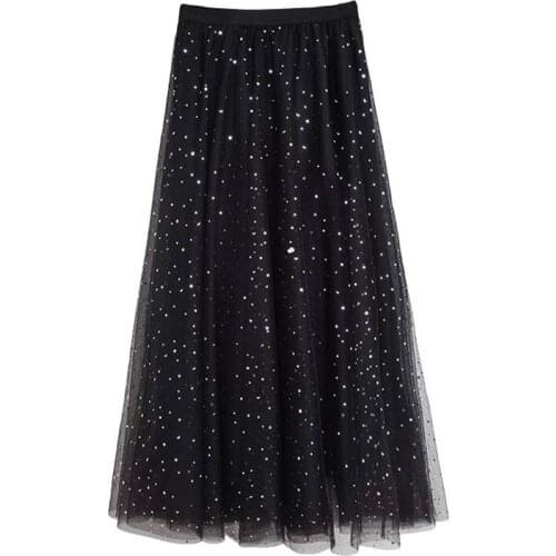 PERHAPS U Black White Star Polka Dot Hot Stamping Mesh Mid-calf Skirt Empire Summer Casual S0133