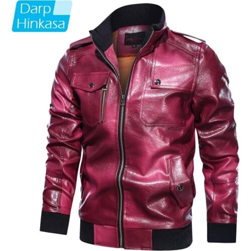 DARPHINKASA Men Casual Motorcycle PU Leather Jacket Men Fashion Leather Coat Retro Warm Leather Jacket Men Brand Clothing
