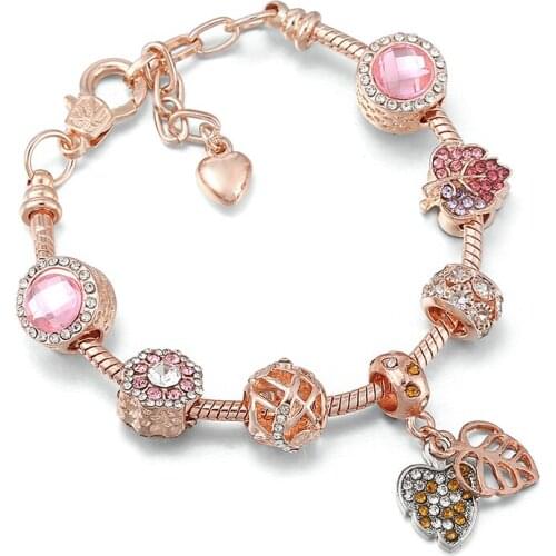 Yexcodes Rose Gold Leaf Charm Bracelet With Petal Beads Suitable For Fine Bracelets Women’s Party Jewelry Dropshipping