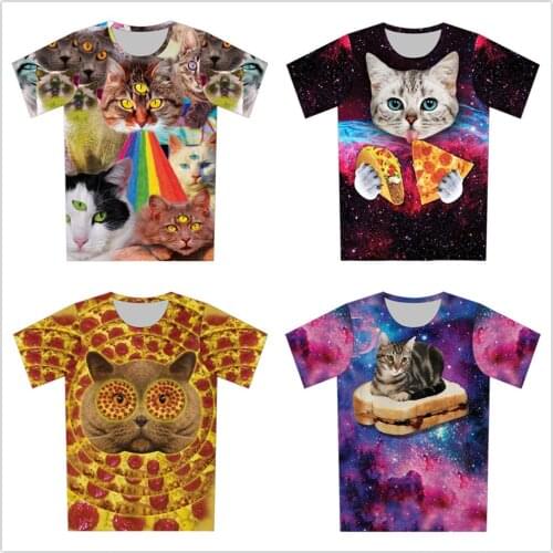 Summer Women Men Harajuku Galaxy Pizza Animal Cat Print T-Shirts Teen Boys Girls Fashion Tshirts Children Kids Birthday Clothes