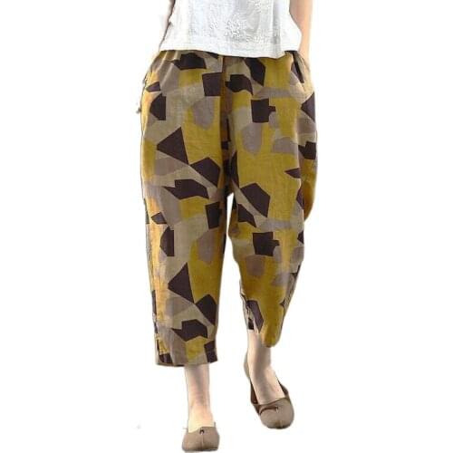 Cotton Literary Retro 2021 New plus size womens Trousers summer thin section was thin printed nine-point Pants loose wide leg