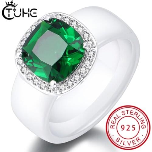 S925 Large Green Stone Ring For Women Wedding Gift Luxury Jewelry 8mm Width Ceramic Rings Cubic Zirconia Ring Bague Femme
