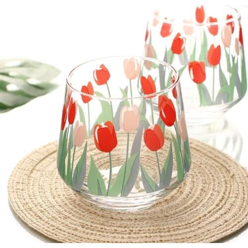 Korea Ins Girl Heart Hand-painted Tulip Mousse Glass Milk Cup Coffee Teacup Couple Water Mug Juice Cup Beer Whiskey Glass Flower