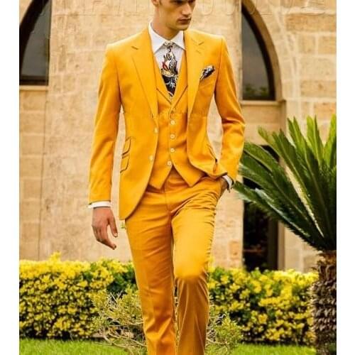 Mustard Yellow Fashion Mens Slim Fit Custom Suits Men Business Prom Wedding Suits 3 Pieces Set Traje Hombre Jacket Vest Pants