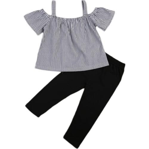 2017 New Cute Newborn Kids Baby Girl Summer Off Shoulder Striped Tops+ Pants 2pcs Outfit Clothes 1-6T