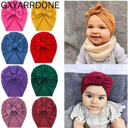 2021 New Wholesale Winter Solid Thick Newborn Hat Boys Girl Cotton Soft Knot Bow Turban Bonnet Caps Solids Baby Shower Props