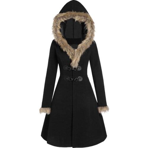 Faux fur coat womens plush long thick coat hooded long coat Winter coat womens fur hood cuffs long sleeve alloy leather button