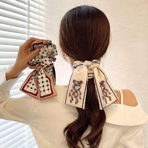 New Women Elegant Print Bear Plaid Bow Silk Scrunchie Sweet Hair Tie Headband Soft Elastic Hair Bands Fashion Hair Accessories