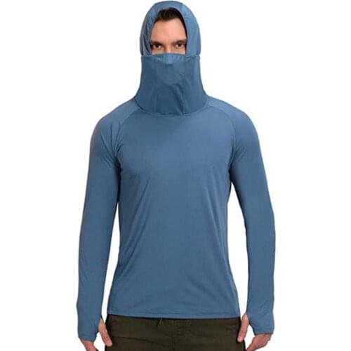 2021New Sport Fishing Shirt Solid Color Hooded Men Thin Lightweight Stretchy Thumb Hole Top for Outdoor Hiking Climbing Cycling
