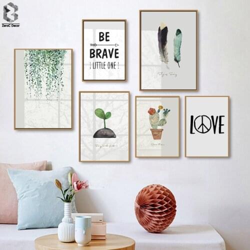 Nordic Green Leaves Aromatique Watercolor Art Prints Botanical Cactus Feather Quotes Wall Art Plant Leaf for Living Room Decor