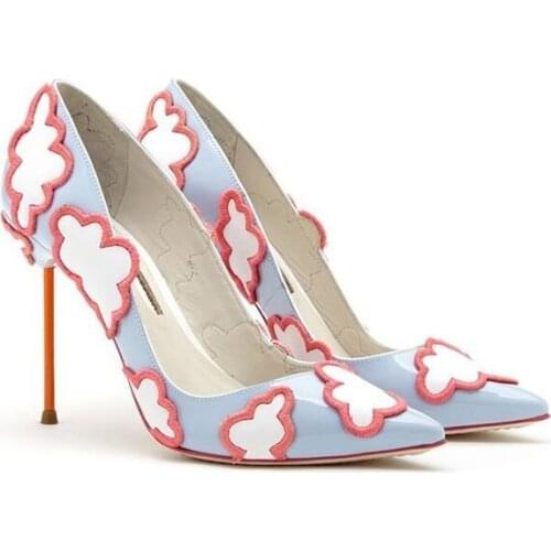 Free Ship Wholesale Blue White Cloud Patterned Pumps Pointed Toe Slip-on Style Stiletto Heel Lady Dress shoes woman Party Size 1