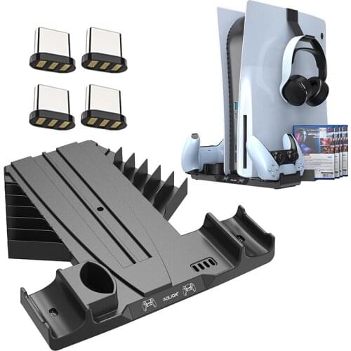 Aolion Charging Base Free With 4 Adapters 2 Hooks For Playstation5 PS5 With Powerful Storage Function For Discs Gamepad Headset