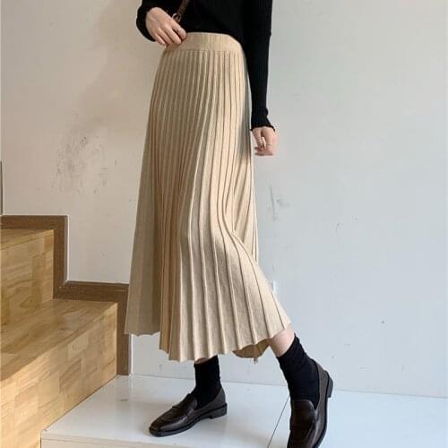 Knitted Skirt For Women Autumn Winter 2021 High Waist A-Line Ribbing Office Lady Midi Skirts Black ELegant Bottoms