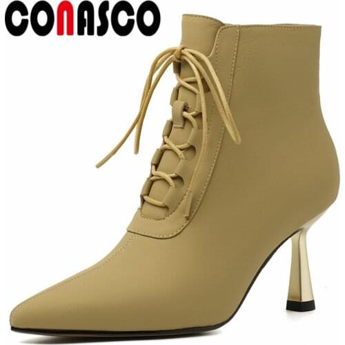 CONASCO Sexy Women Ankle Boots Autumn Winter Warm SheepSkin Night Club Party Basic Prom Office Boots High Heels Shoes Woman