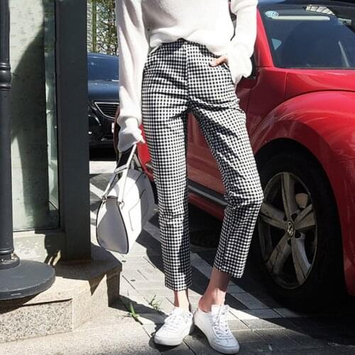 2020 Summer Autumn New Plaid Straight Pants Casual Womens Elegant Slim Trousers Feme Casual Ankle Length Streetwear Pants