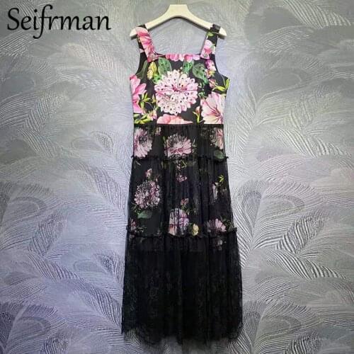 Seifrmann New 2021 Summer Women Fashion Runway A-Line Dress Sexy Spaghetti Strap Gorgeous Crystal Floral Print Ladies Long Dress
