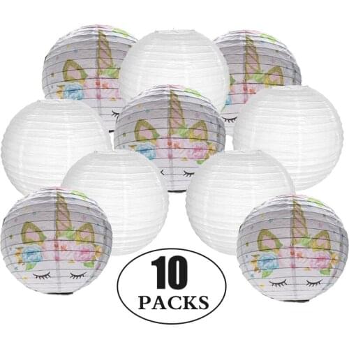 10 Pcs/set 10" White and Unicorn Paper lantern with Flower lampion for Babyshower Birthday Party Unicorn Theme Hanging Decor