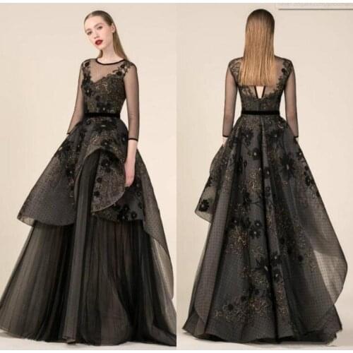 2020 Embroidery Prom Dresses Jewel Neck Tulle 3/4 Long Sleeve Fairy Evening Gowns Custom A Line Formal evening Dress Party Wear