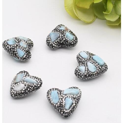 5pcs/lot 26x25mm High Quality Light Blue Larimar heart-shaped Beads Trimmed With Crystal Zircon