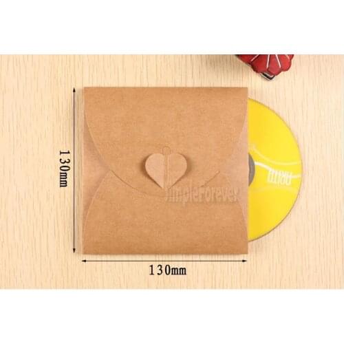 50pcs 13cm*13cm Heart Blank Kraft Paper Party CD DVD Sleeve Packaging Packing Box for 3 CDs Envelopes Holder Case Pack Bag