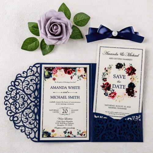 50pcs Blue Wedding Invitations Laser Cut Hollow Invitations Pockets with Ribbon, Envelope