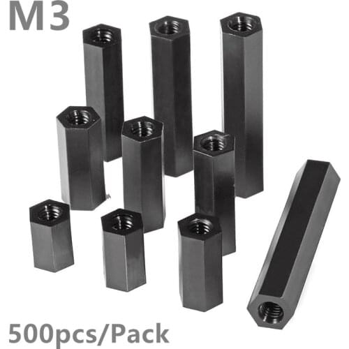 500pcs M3 Hexagon Black Nylon Standoff Spacer M3x5/6/8/10/12/15/18/20/22/25mm nylon flat hex spacer for PCB Board pillar