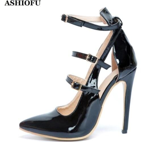 ASHIOFU Handmade Ladies High Heel Pumps Patent Leather Buckle Strap Party Dress Shoes Plus Size Evening Fashion Court Shoes
