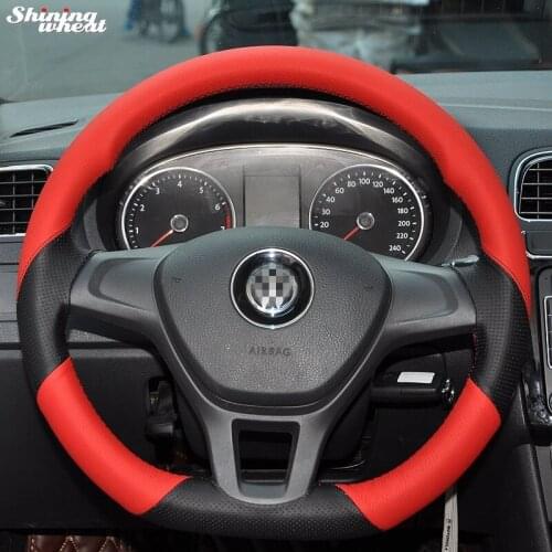 Shining wheat Hand-stitched Red Black Leather Steering Wheel Cover for Volkswagen VW Golf 7 Mk7 New Polo 2014-2015