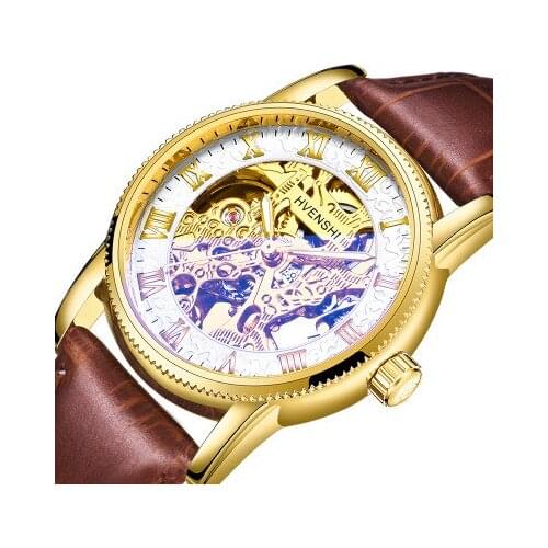 HVENSHI Mechanical Watch Men Automatic Hollow Dial Watch Men Luxury Waterproof Watch Man Genuine Leather relogio masculino clock