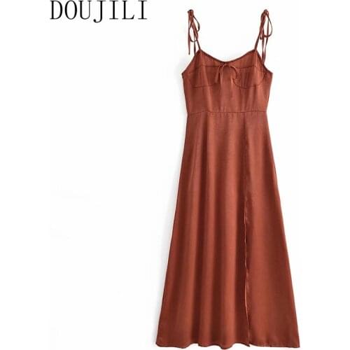 DOUJILI Vintage Dress Solid Color Sleeveless Backless Brown Strape Soft Midi Dress For Women Summer Dresses