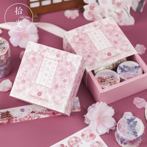 Kawaii Washi Paper Masking Tape Stationery Sticker Set (3 Rolls Tapes, 3 Sheets Stickers) Flower DIY Label for Scrapbooking