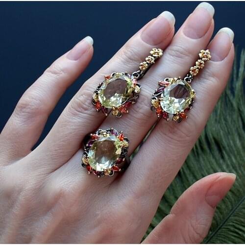Beautiful Special Occasion Jewelry Dangle Earrings Ring Pave Oval Cut Sparkly Olivine CZ Gorgeous 2pcs Sets For Party