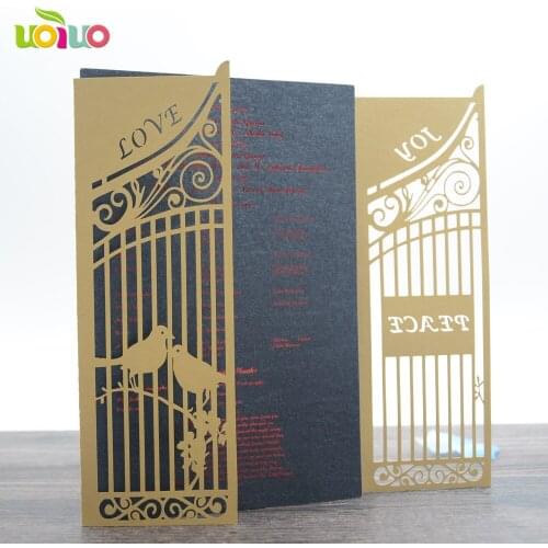 Laser Cut Luxury Romantic chamagne gold Wedding Invitation With love birds gate with initial logo